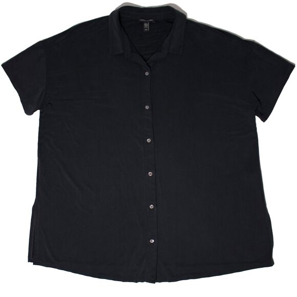 Eileen Fisher Black Cupro Vegan Silk Collar Button Blouse Boxy Top Shirt M - Picture 1 of 8